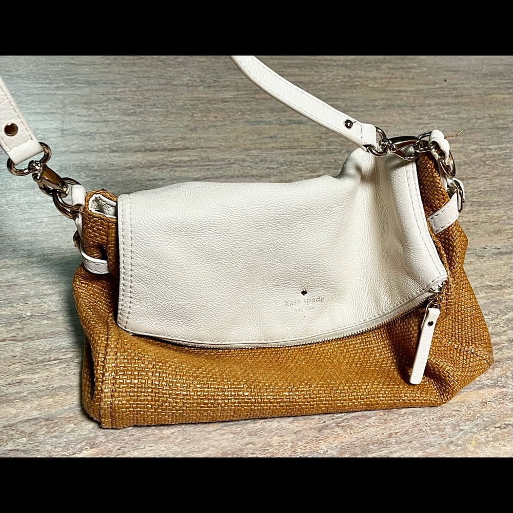 Kate Spade ♠️ white leather and burlap shoulder bag - Picture 3 of 16